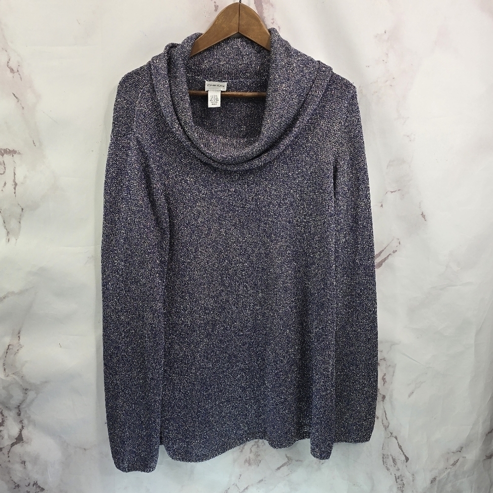 Chicos Sweater Women 2 Large Purple Blue Sparkle Metallic Cowl Funnel Neck